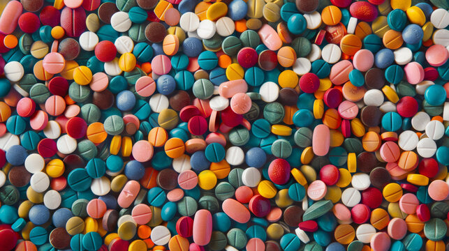 A multitude of colorful pills and capsules fill the frame in a dense pattern.