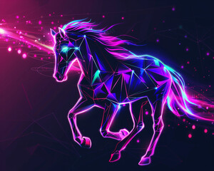 A stylized horse with a glowing, electric aura set against a minimalist geometric backdrop,