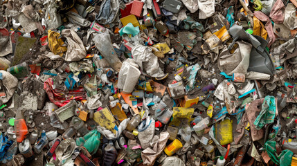 A collection of compressed mixed waste, primarily plastics and assorted garbage, is compacted together.