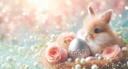 Easter cute bunny with crystal eggs and diamonds flowers pastel - obrazy, fototapety, plakaty