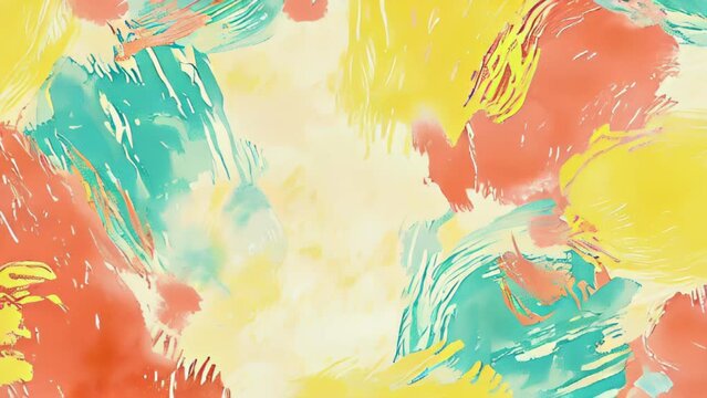 Vibrant hues meld within watercolor textures, birthing an energetic abstract artwork. Yellow, blue, orange, green and more mix like mist, painting flowing organic patterns. 