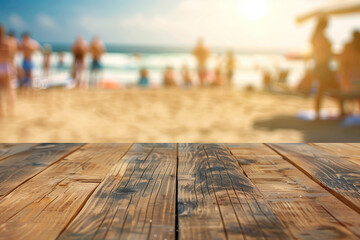 A wooden table on a blurred background of a sunny beach with several people sunbathing by the sea. The concept for product display montage