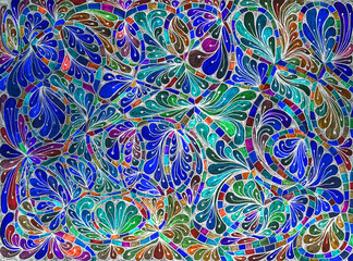 Ancient pattern of colorful flowers and leaves. The dabbing technique near the edges gives a soft focus effect due to the altered surface roughness of the paper. - 773107826