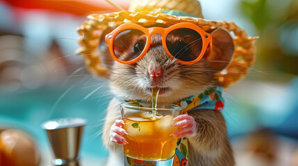 A mouse in summer clothes drinks a cocktail on a luxury cruise