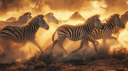 Obraz premium A herd of zebras running in the savannah, showcasing their unique stripes and fur patterns
