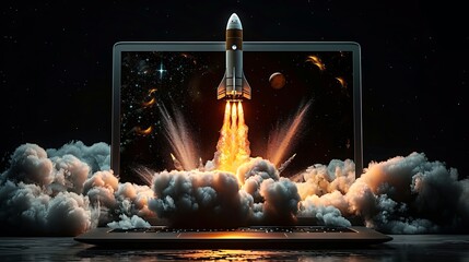 Space shuttle off from a laptop with a cloud of smoke and blast takes black background AI generated