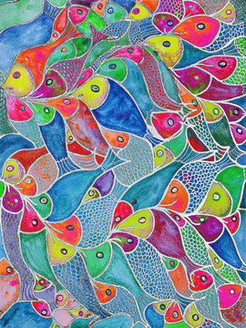 Pop art school of bright fish. The dabbing technique near the edges gives a soft focus effect due to the altered surface roughness of the paper.