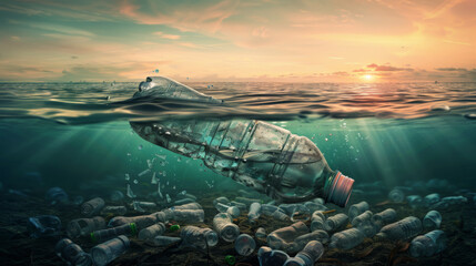 A submerged plastic bottle floats among numerous others, depicting environmental pollution in the ocean.