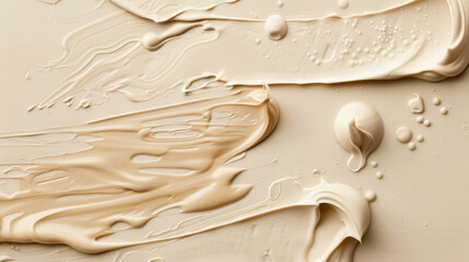 A swirled beige liquid with droplets is spread across a surface.