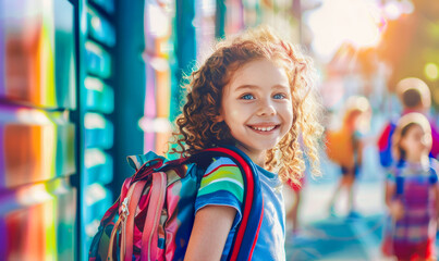 Cute smiling little girl with backpack on her way to school on a bright sunny day in colourful city streets. Happy to be back to school .
