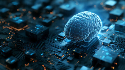 A digital human brain on top of a glowing blue circuit board among neural chips. Futuristic science technology concept