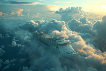 ahead in sky Cruise ship flies in clouds fog - obrazy, fototapety, plakaty