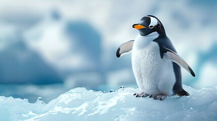 Fototapeta premium penguin in an iceberg pointing its flipper wing on blue background with copy space AI generated