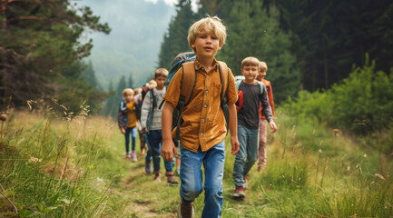 Group of children with a blond boy as a leader hiking through green nature , wearing backpacks, summer healthy activity for kids.
