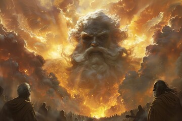 Enraged angry God appeared to the population from heaven from sky clouds with a menacing look, punish to judge humanity, to be responsible for their actions - obrazy, fototapety, plakaty
