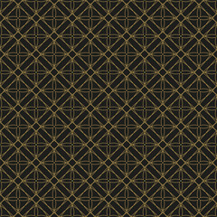 Geometric golden ornament on black background. Interlacing lines in a diamond pattern. Seamless pattern, grid of rhombuses.