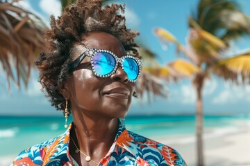 stylish black fifty year old woman wearing holographic sunglasses and casual colorful clothes palms...