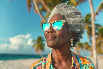 stylish black fifty year old woman wearing holographic sunglasses and casual colorful clothes palms...
