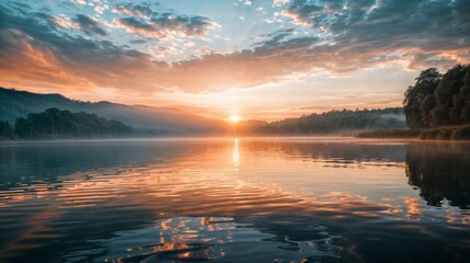 Beautiful sunrise on the lake. Landscape with lake and sky