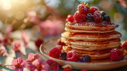 A delectable stack of pancakes topped with fresh berries and drizzled with maple syrup, surrounded by blooming flowers at golden hour - obrazy, fototapety, plakaty