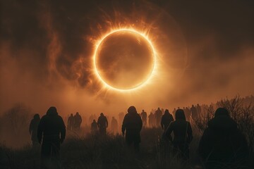 crowd of people pointing with their hands at a solar eclipse in the sky