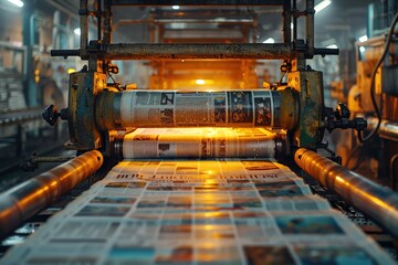Machine printing colored magazines at factory