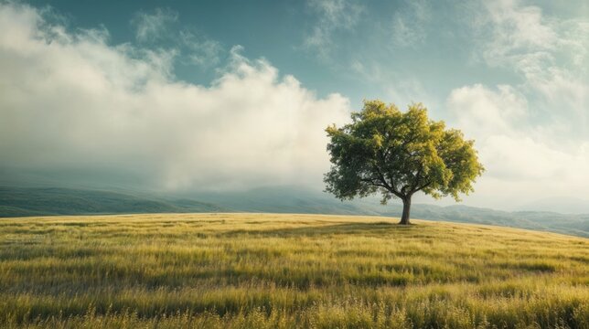 Lonely tree on a hillside in the mountains. Beautiful summer landscape.