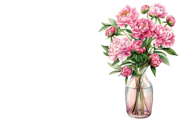 Watercolor bouquet of pink peonies in glass vase on white background with copy space. Greeting card template. Mother's Day, Birthday, March 8