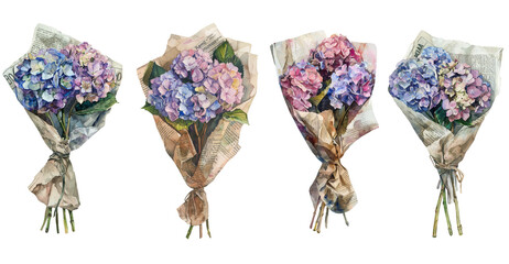 Watercolor painting of a hydrangea bouquet wrapped in newspaper. Cut out set