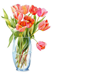 Watercolor bouquet of tulips in glass vase on white background with copy space. Greeting card template. Mother's Day, Birthday, March 8