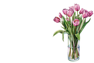 Watercolor pink tulips bouquet in elegant glass vase on white background with copy space. Greeting card template. Mother's Day, Birthday, March 8