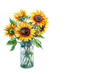 Watercolor bouquet of bright sunflowers in glass jar on white background with copy space. Greeting card template. Mother's Day, Birthday, March 8