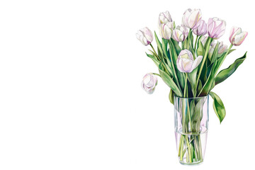 Watercolor bouquet of white tulips in glass vase on white background with copy space. Greeting card template. Mother's Day, Birthday, March 8