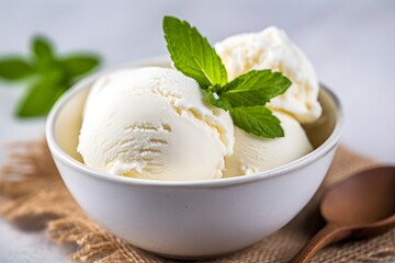 Vanilla ice cream scoops in a white bowl with mint leaf garnish, menu concept, restaurant, minimal,...