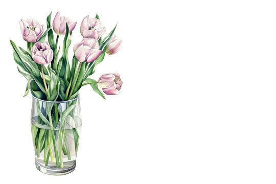 Watercolor tulips bouquet in glass vase on white background with copy space. Greeting card template. Mother's Day, Birthday, March 8