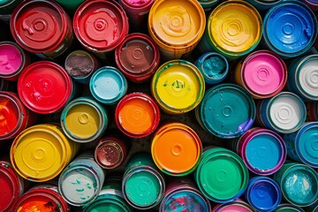 Cans of various colorful paints as a background. view from above. generative ai