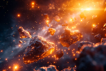 Meteorites and Sun. Asteroid belt in space abstract view open space.