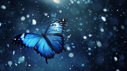 Create a mesmerizing scene of a blue butterfly fluttering through the night sky surrounded by a soft glow