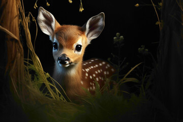 A baby deer with innocent eyes exploring a patch of grass against a dark and mysterious backdrop.