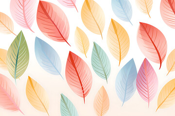 Illustrated leaves reds yellows greens blues, white backdrop, ideal background or wallpaper