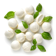 Fresh mozzarella balls top view isolated on white background - obrazy, fototapety, plakaty