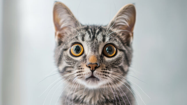 A cat with striking eyes and long whiskers gazes forward.