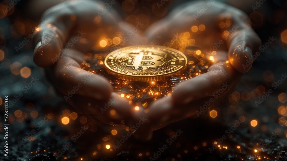 Poster the businessman is observing the illuminated nft non-fungible token crypto data analysis on a dark b