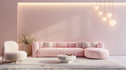 Soft pink accents adorn a modern living room, with plush furniture inviting relaxation under the warm glow of overhead lights. Copy space area allows for personalized decor. 8K.