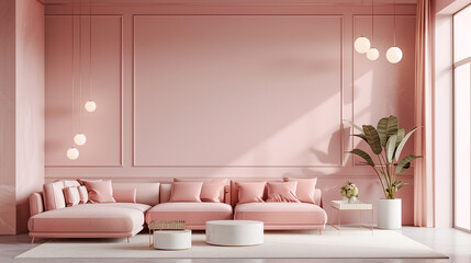 Soft pink accents adorn a modern living room, with plush furniture inviting relaxation under the warm glow of overhead lights. Copy space area allows for personalized decor. 8K.