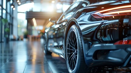 A brand-new sleek black vehicle on display at a high-end showroom. The dealership showcases the latest models for sale or rental services, with a focus on automobile leasing and insurance offerings.