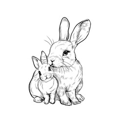 Vector illustration of a highly detailed hand drawn rabbit and baby rabbit