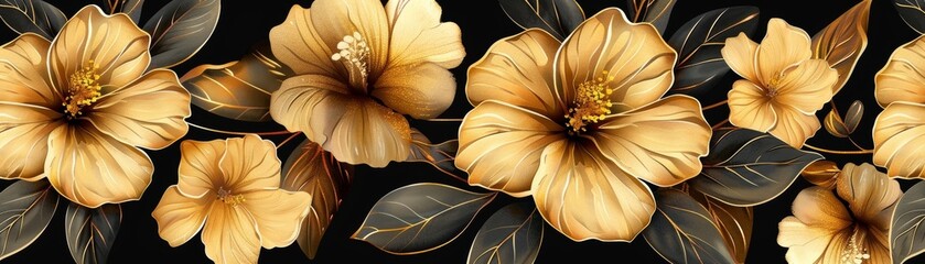 A vintage-style wallpaper adorned with a repeated design of bronze hibiscus flowers against a dark background, crafted using AI technology to create a digital art illustration. - Powered by Adobe