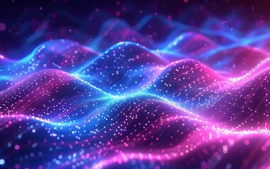 Sparkling neon lights illuminating the lively background with vibrant waves and glowing patterns, creating a dynamic and futuristic design in shades of violet and blue.