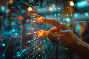Person touching digital interface with futuristic background, human hand, technology - obrazy, fototapety, plakaty